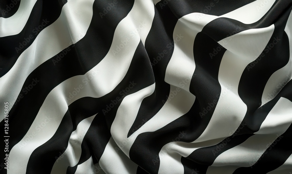 Poster artistic composition of flowing black and white stripes forming abstract patterns, illuminated by so