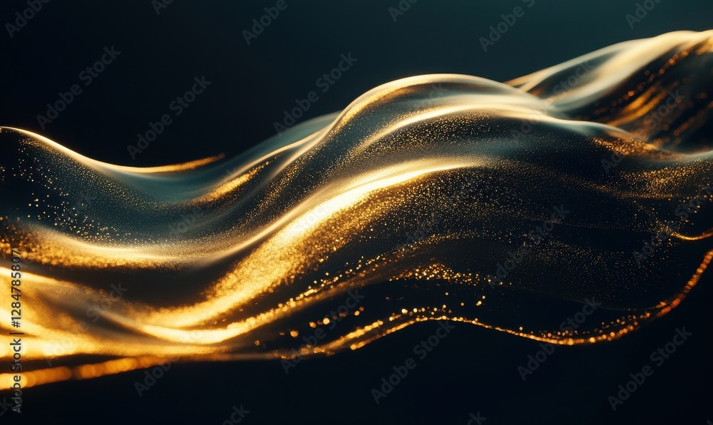 Poster artistic composition of glowing golden light trails swirling dynamically against a sleek dark backgr