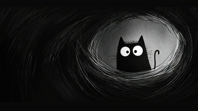   A monochrome photo shows a feline poking its head out from a tunnel with large, open eyes