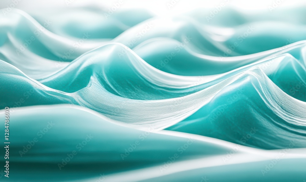 Poster artistic wave patterns in vibrant turquoise and white tones, softly glowing with subtle gradients to