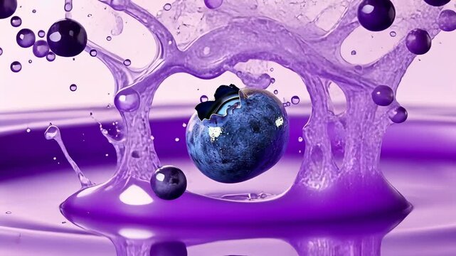 Blueberry Splash: A vibrant image of a blueberry impacting a purple liquid, creating a dynamic splash with droplets and ripples.
