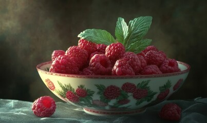 Elegant bowl of fresh raspberries topped with mint leaves, softly illuminated to highlight their vibrant textures and sweet appeal