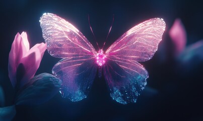 Fototapeta premium Elegant crystal butterfly illuminated by soft pink and blue light, glowing delicately against a dark ethereal background