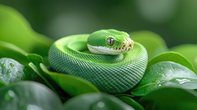 Green tree python coiled on leaves, rainforest background, nature photography