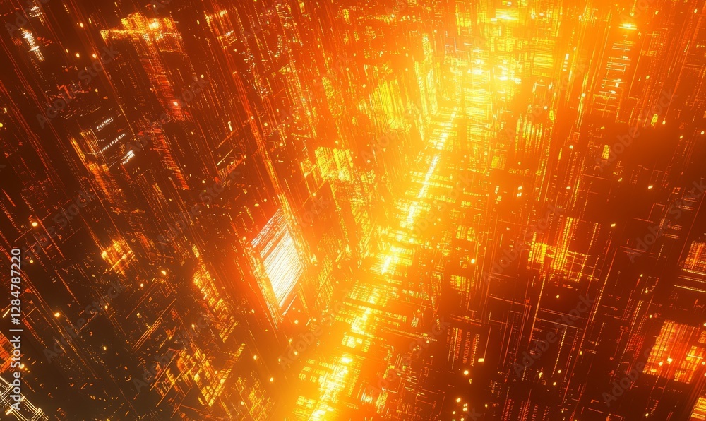Poster a futuristic digital landscape with glowing, orange-hued data streams and abstract geometric shapes,