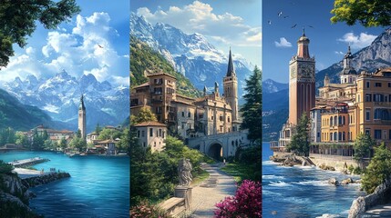 Fototapeta premium Picturesque Mountain Village by a Serene Lake with Charming Architecture and Lush Greenery