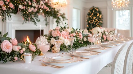 Elegant pink Christmas dinner table setting, fireplace, tree