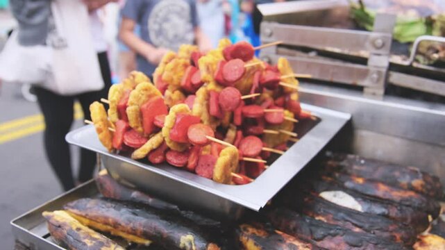 Skewers of chorizo, cecina and banana is a typical food from the jungle, Peruvian street food.