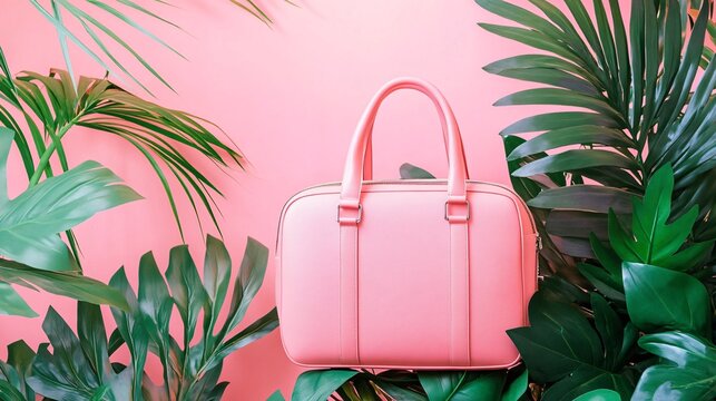 Pink handbag amidst lush tropical palm leaves against a vibrant pink backdrop