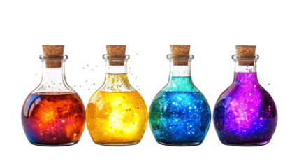Magical Potion Bottles with Glittering Liquid | Fantasy Elixirs, Alchemy Vials, Mystical Glass Containers
