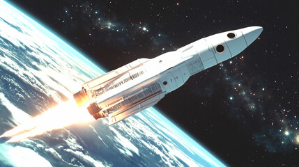 Naklejka premium A Celestial Ascent: A majestic rocket launches from Earth into the inky expanse of space, a symbol of human ingenuity and exploration, leaving a trail of fire.