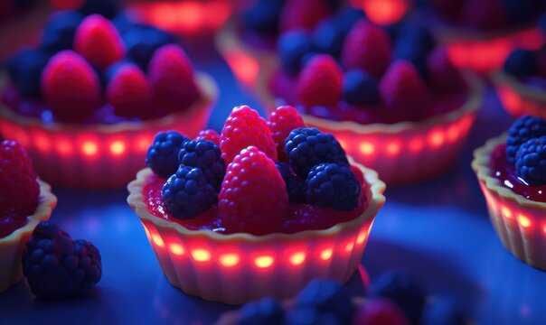 Elegant dessert of mini tarts topped with fresh berries illuminated by soft glowing light, evoking indulgence and sophistication in a culinary display