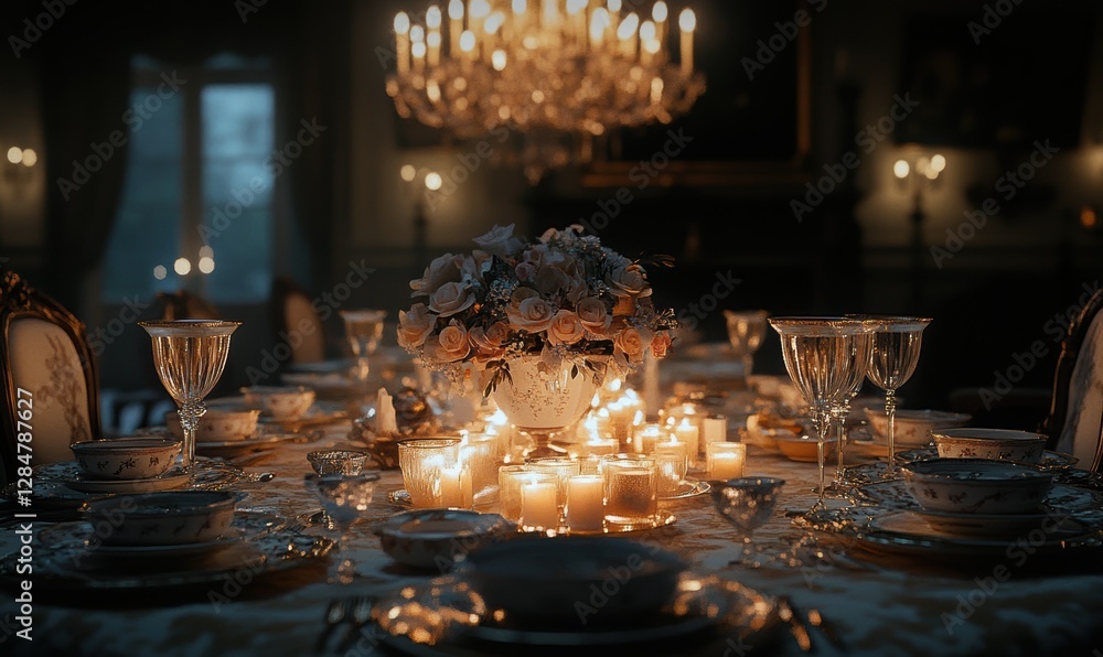 Poster elegant dining table set with fine china and glowing candles, softly illuminated to create a warm an
