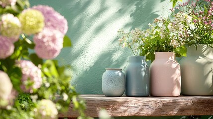   A cluster of vases atop a brown wooden table, alongside a vibrant pink and white flower-filled planter