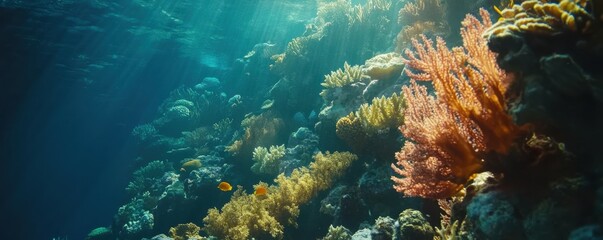 Naklejka premium Sunlit coral reef underwater with colorful marine life