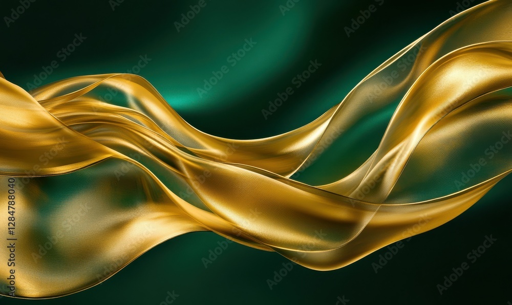 Poster elegant flowing golden ribbons twisting dynamically on a rich emerald green background, creating a l