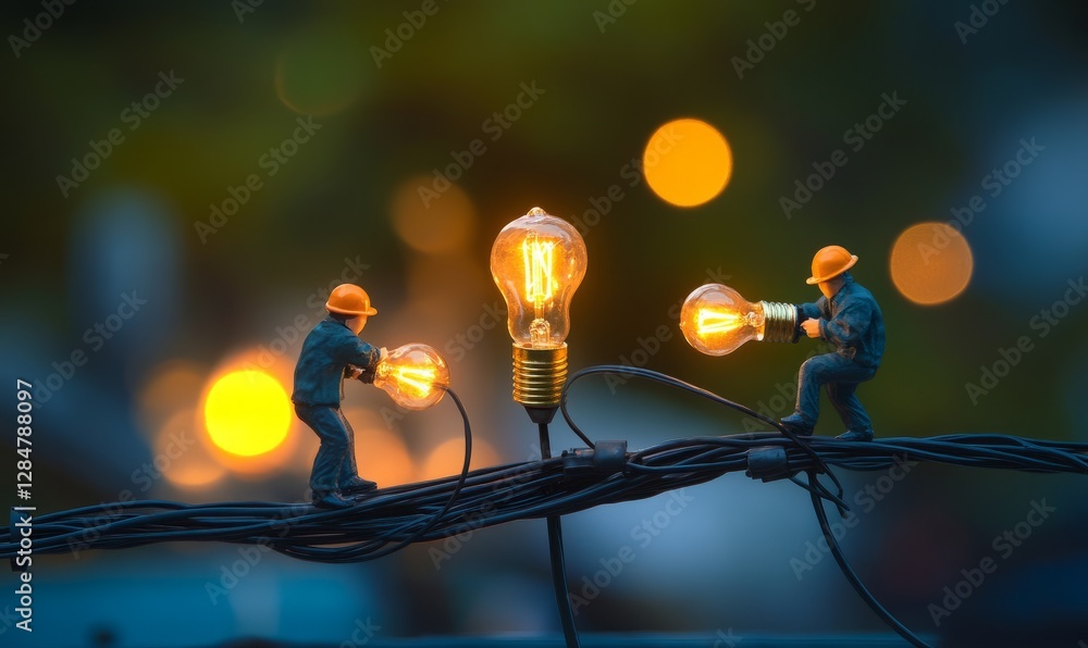 Poster miniature workers connecting lightbulbs on wires, symbolizing teamwork and innovation. concept of en
