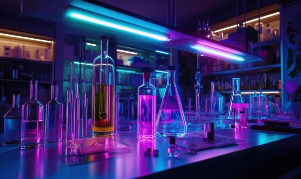 Bold cinematic laboratory glowing dynamically under vibrant neon lighting, symbolizing modern scientific breakthroughs