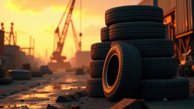 Rubber tire stack, A hyper-realistic tire stack at sunset in an industrial yard low-angle view 8K UHD.
