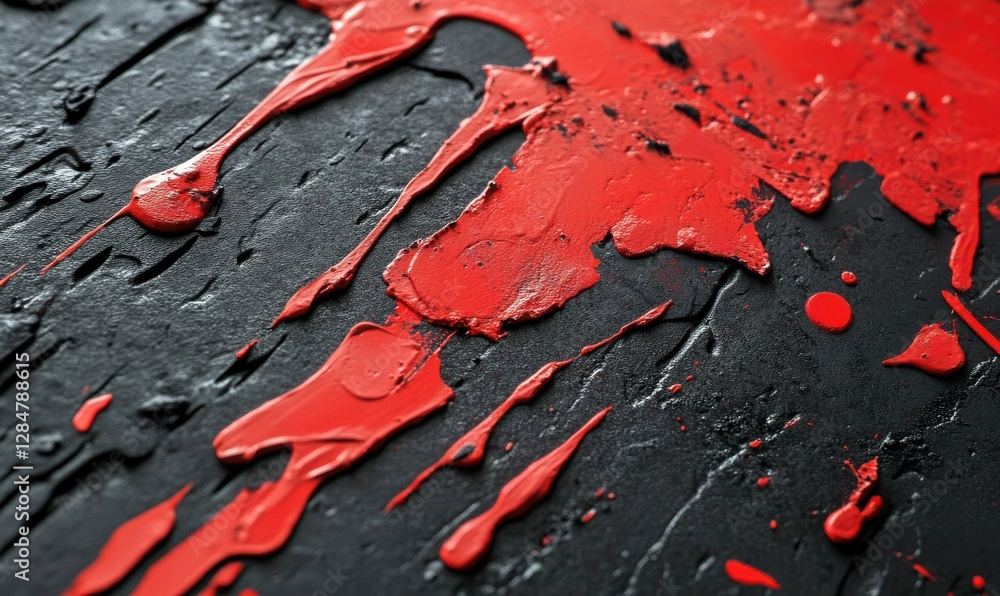 Poster bold red and black paint splatters layered on a textured surface, frozen mid-motion to create a dram