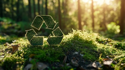 Recycle Symbol on Mossy Forest Floor in Sunlight