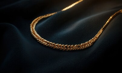 Fototapeta premium Elegant gold necklace resting on a sleek black velvet surface, softly illuminated to highlight its intricate details and luxurious shine