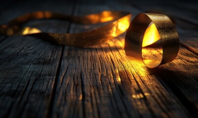 Elegant golden ribbon glowing softly against a rustic wooden surface, creating a luxurious and festive atmosphere