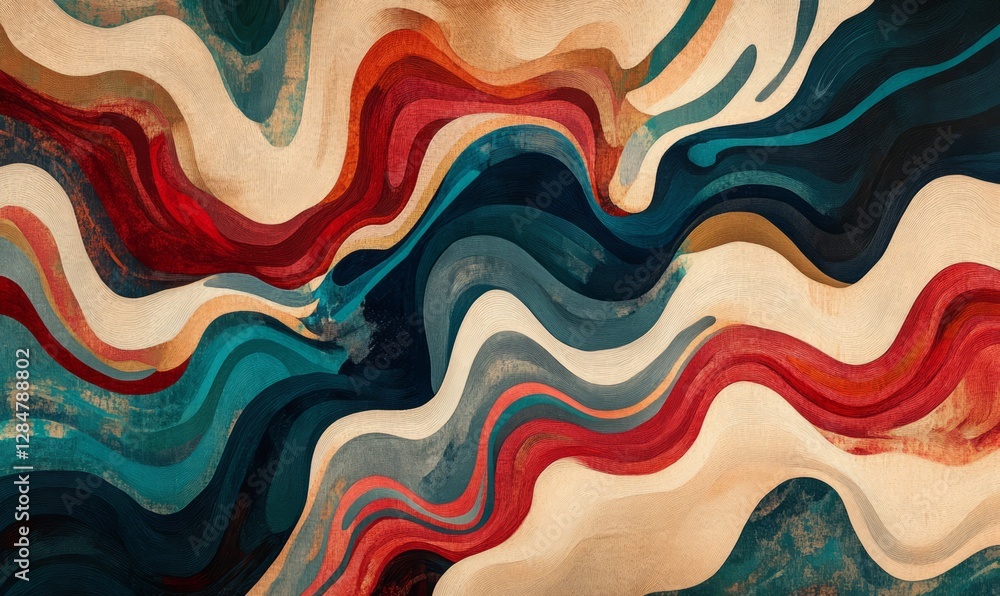 Aufkleber an abstract design featuring flowing, wavy patterns in rich hues of red, blue, beige, and teal, crea