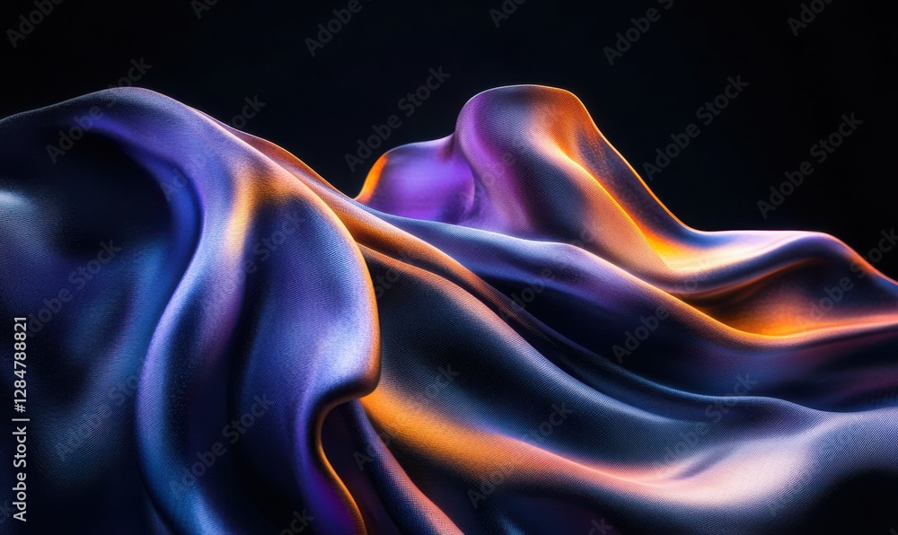 Poster bold textured black satin fabric flowing dynamically in smooth folds, illuminated by soft light to c