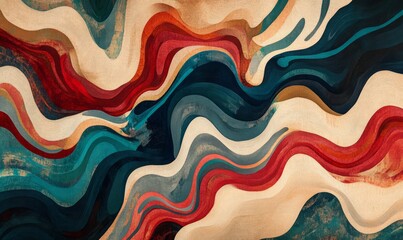 An abstract design featuring flowing, wavy patterns in rich hues of red, blue, beige, and teal, creating a dynamic and visually engaging composition with a sense of movement and depth