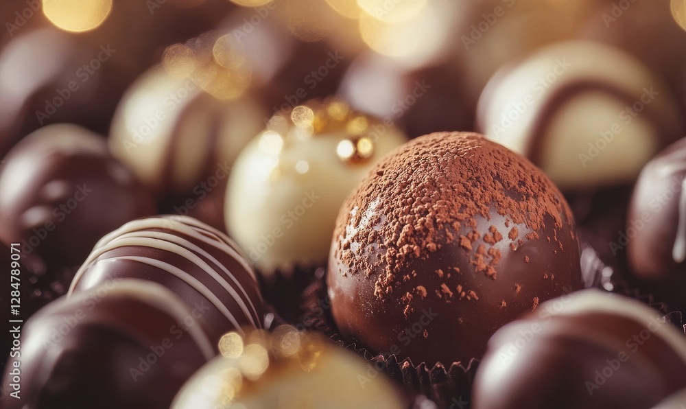 Poster elegant macro shot of fine chocolate truffles dusted with cocoa powder illuminated by soft glowing l
