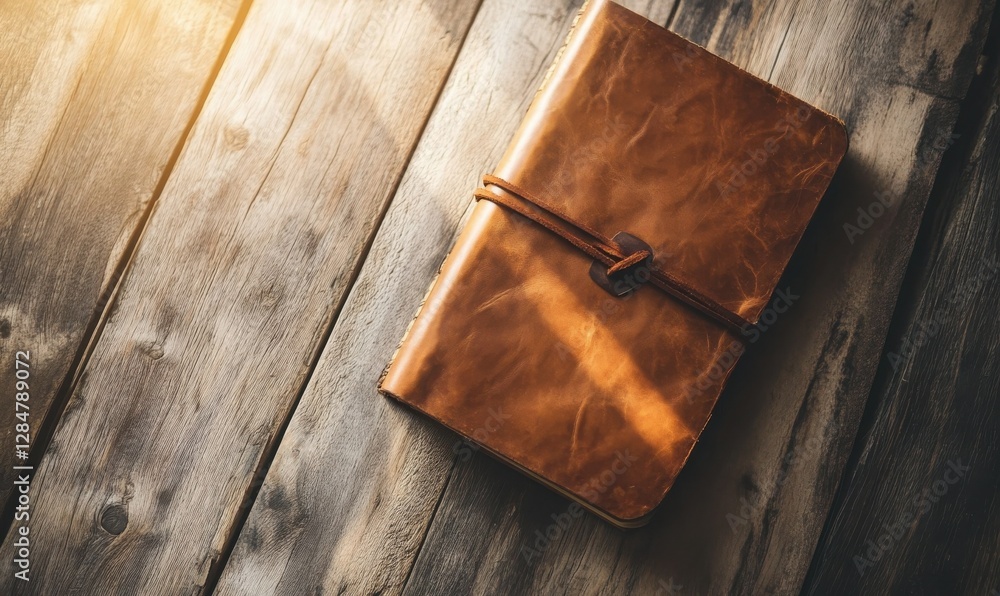 Poster elegant leather-bound book resting on a rustic wooden surface, illuminated by soft warm light, creat