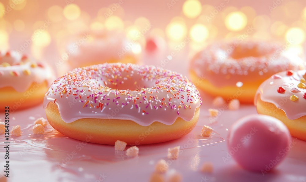 Poster bright and colorful donuts with intricate frosting designs placed on a pastel surface illuminated by