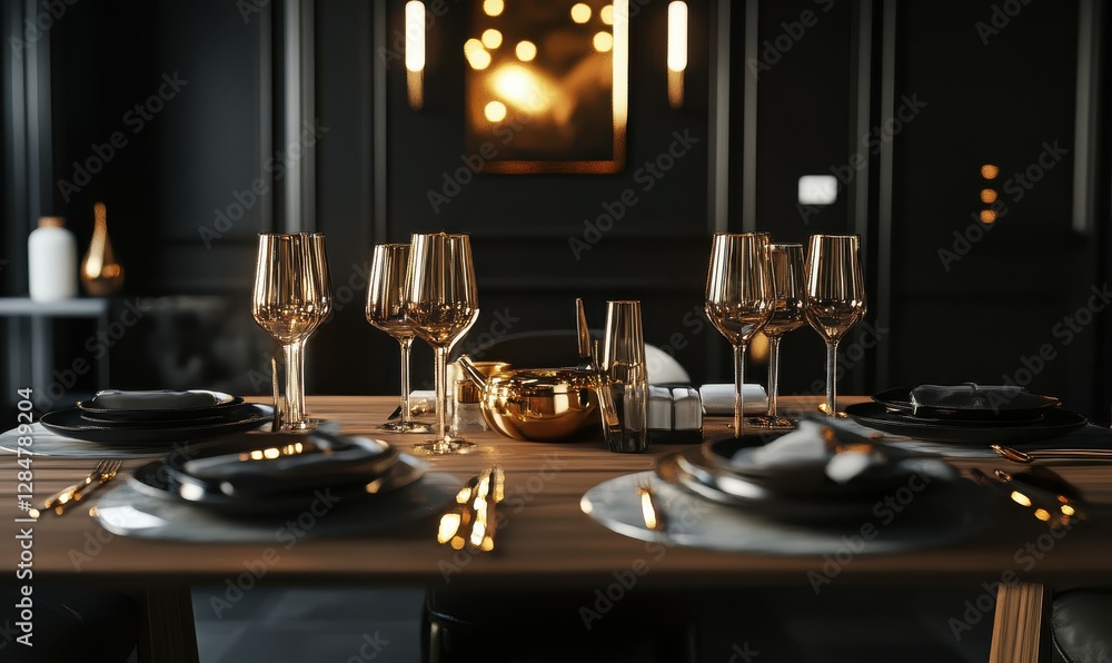 Poster elegant modern dining table with minimalist tableware and a golden centerpiece, illuminated by warm 