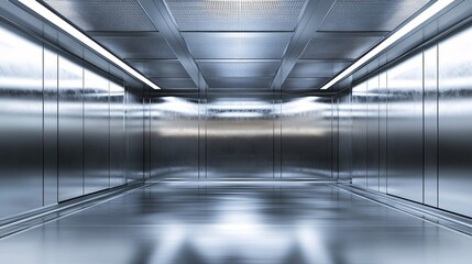 Naklejka premium Reflective Steel Corridor Interior: Modern Industrial Design