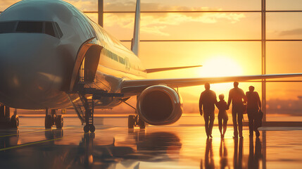 A plane is parked at the airport, and people board it from above and below with their luggage
