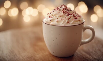 Bright ceramic cup of hot chocolate topped with whipped cream and sprinkles, placed on a wooden table with soft light enhancing its cozy and inviting appearance