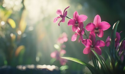 Elegant pink orchids blooming against a blurred natural background, soft natural light emphasizing their intricate petals and vibrant tones