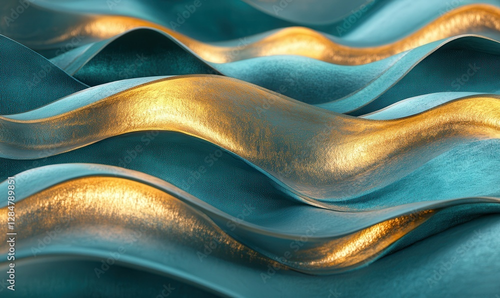 Poster elegant rendering of layered teal and gold waves blending smoothly, illuminated softly to enhance th
