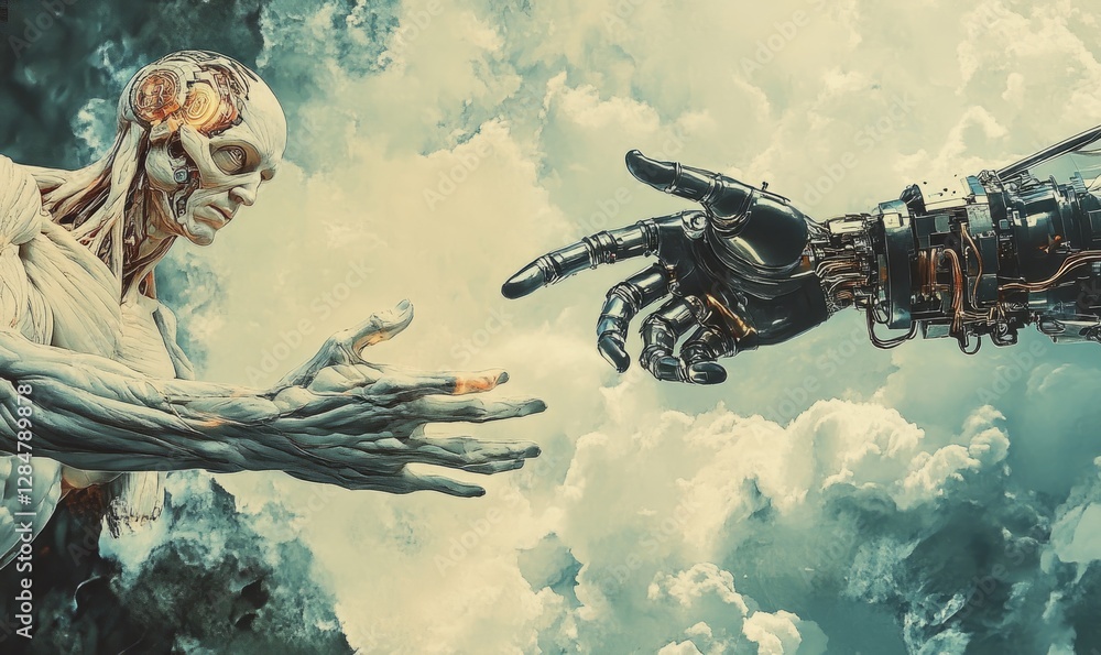 Aufkleber the creation of adam: a modern update with technological elements in the background.