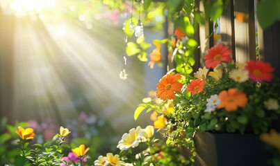 Obraz premium Bright garden scene with colorful blooming flowers, soft sunlight highlighting vibrant petals and creating a lively and cheerful outdoor ambiance,