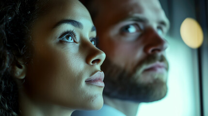 Fototapeta premium Two individuals gazing forward, illuminated in soft blue light, suggesting contemplation or anticipation of what's to come.
