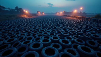 Naklejka premium Rubber tire stack, Bird's-eye view of a tire stack forming patterns under twilight's soft glow with artificial lighting in 8K UHD.