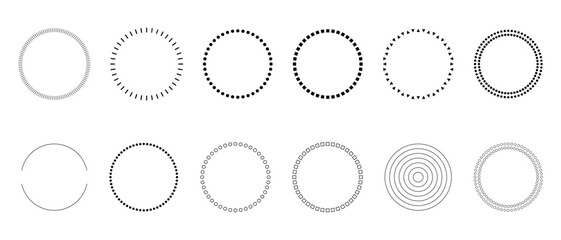 Set of circle frames of same diameter with different contours in form of dots, circles, squares, sticks, stripes, triangles. Vector illustration of templates for text, graphics, icons, highlighting.