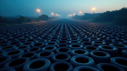 Fototapeta premium Rubber tire stack, Bird's-eye view of a tire stack forming patterns under twilight's soft glow with artificial lighting in 8K UHD.