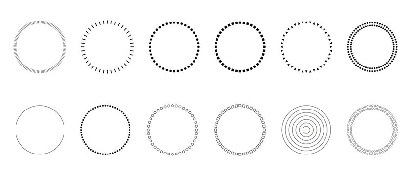 Set of circle frames of same diameter with different contours in form of dots, circles, squares, sticks, stripes, triangles. Vector illustration of templates for text, graphics, icons, highlighting.
