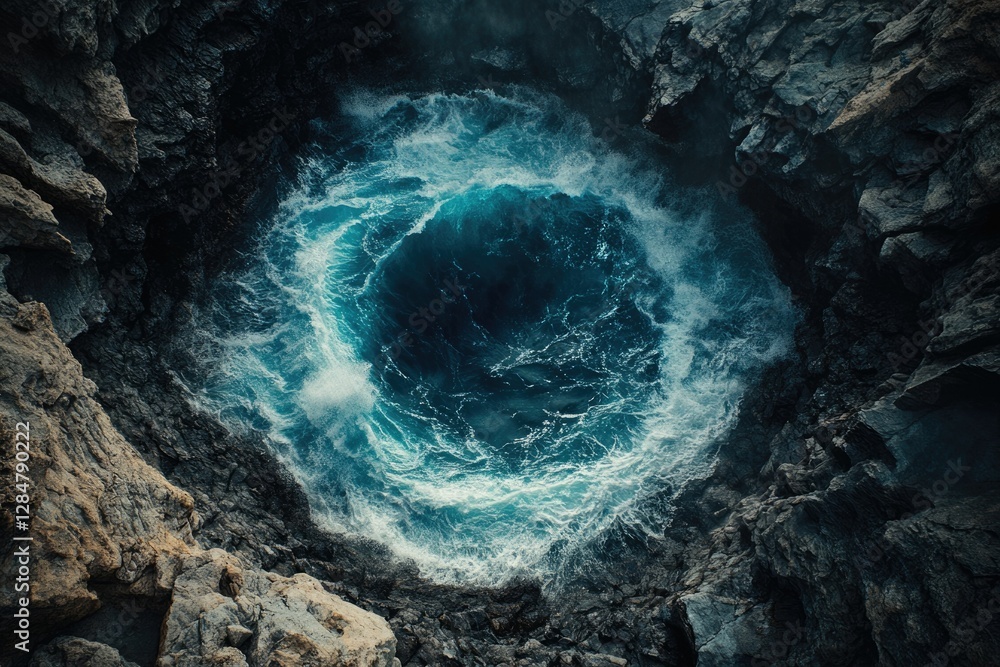 Poster ocean waves crashing into a rocky cove, creating a mesmerizing whirlpool effect.