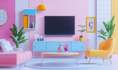An illustration of a modern living room interior on a white background, mocked up into a poster with a 3D rendered effect.