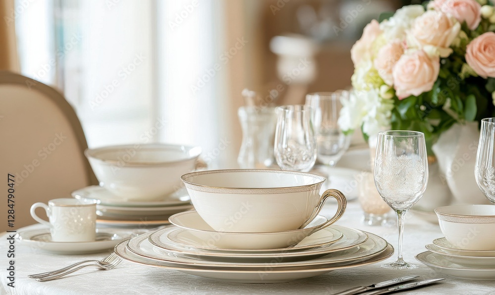 Poster elegant table setting with fine china and fresh flowers, softly illuminated to create a sophisticate