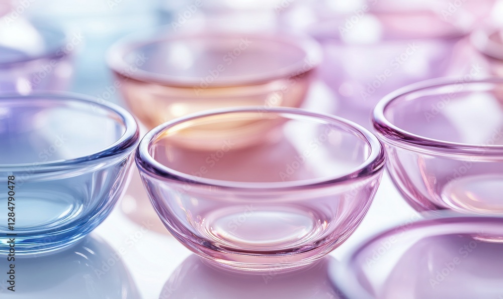 Poster abstract macro shot of delicate glass bowls arranged aesthetically on a clean surface, soft light cr